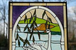 20.5W x 34.75H Handcrafted stained glass window panel two swans