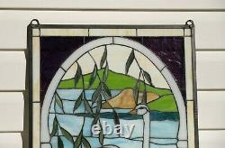 20.5W x 34.75H Handcrafted stained glass window panel two swans
