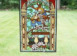 20.75 x 35 Handcrafted stained glass window panel Love Birds Two Parrots