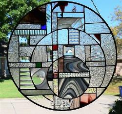 20 Inch Round Geometric Stained Glass Window Panel