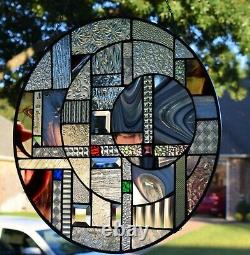 20 Inch Round Geometric Stained Glass Window Panel