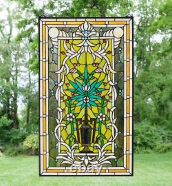 20 x 33.75 Flower in Vase Tiffany Style stained glass Jeweled window panel