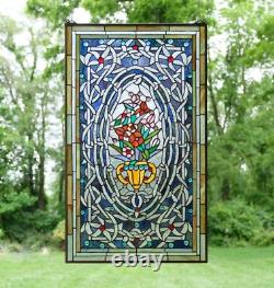 20 x 33.75 Flower in Vase Tiffany Style stained glass Jeweled window panel
