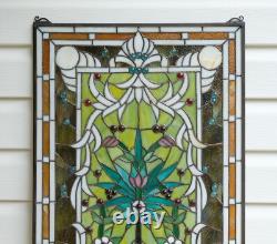 20 x 33.75 Flower in Vase Tiffany Style stained glass Jeweled window panel