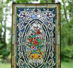 20 x 33.75 Flower in Vase Tiffany Style stained glass Jeweled window panel