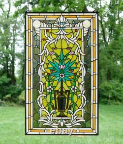 20 x 33.75 Flower in Vase Tiffany Style stained glass Jeweled window panel
