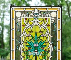 20 x 33.75 Flower in Vase Tiffany Style stained glass Jeweled window panel