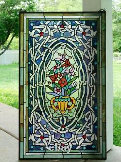 20 x 33.75 Flower in Vase Tiffany Style stained glass Jeweled window panel