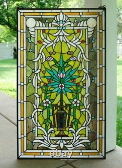 20 x 33.75 Flower in Vase Tiffany Style stained glass Jeweled window panel