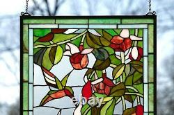 20 x 33.75 Handcrafted hummingbirds flower stained glass window panel. 22-208