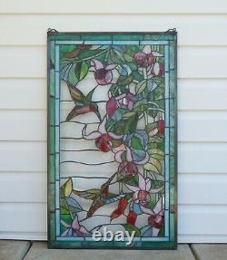 20 x 33.75 Handcrafted hummingbirds flower stained glass window panel. 22-208
