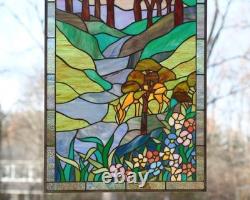 20 x 33.75 Tiffany Style stained glass window panel Deer Drinking Water HF446