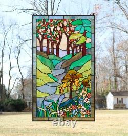 20 x 33.75 Tiffany Style stained glass window panel Deer Drinking Water HF446