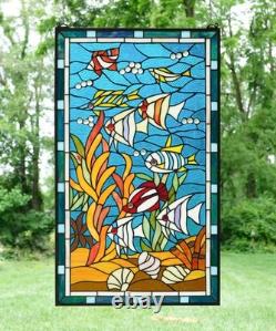20 x 33.75 Tiffany Style stained glass window panel Fish under sea HF109
