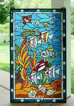 20 x 33.75 Tiffany Style stained glass window panel Fish under sea HF109