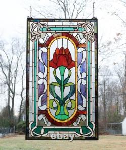 20 x 33.75 Tiffany Style stained glass window panel One Big Rose Flower
