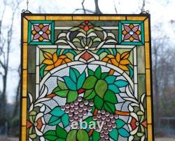 20 x 33.75 Tiffany Style stained glass window panel flower Grape with Vine HF220