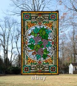 20 x 33.75 Tiffany Style stained glass window panel flower Grape with Vine HF220