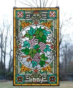 20 x 33.75 Tiffany Style stained glass window panel flower Grape with Vine HF220