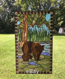 20 x 34 Bear Mother and Son Handcrafted stained glass window panel