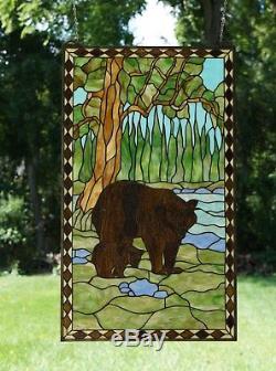 20 x 34 Bear Mother and Son Tiffany Style stained glass window panel