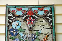 20 x 34 Decorative Tiffany Style stained glass window panel humminbird flower