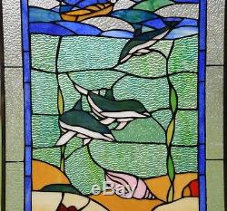 20 x 34 Dolphin Boat Seashore Beach Tiffany Style stained glass window panel