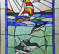 20 x 34 Dolphin Boat Seashore Beach Tiffany Style stained glass window panel