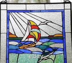 20 x 34 Dolphin Boat Shell Seashore Tiffany Style stained glass window panel