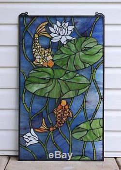 20 x 34 Fish Play under Lotus Leaf Tiffany Style stained glass window panel