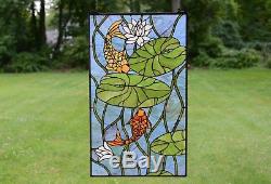 20 x 34 Fish Play under Lotus Leaf Tiffany Style stained glass window panel