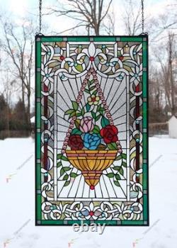 20 x 34 Flower in Basket Tiffany Style stained glass window panel HF526 20 x 34 Flower in Basket Tiffany Style stained glass window panel HF526