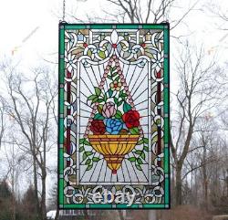 20 x 34 Flower in Basket Tiffany Style stained glass window panel HF526