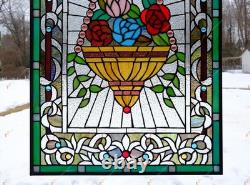 20 x 34 Flower in Basket Tiffany Style stained glass window panel HF526