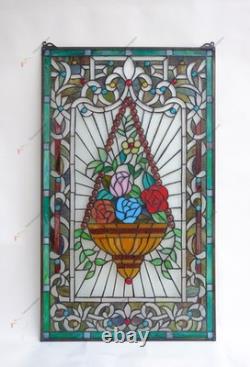 20 x 34 Flower in Basket Tiffany Style stained glass window panel HF526