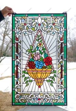 20 x 34 Flower in Basket Tiffany Style stained glass window panel HF526