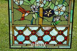 20 x 34 Handcrafted Tiffany Style stained glass window panel Humminbird Garden