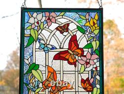 20 x 34 Handcrafted stained glass Jeweled window panel flowers