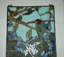 20 x 34 Handcrafted stained glass window panel 2 parrots birds