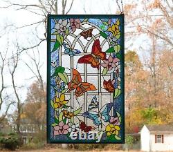 20 x 34 Handcrafted stained glass window panel Butterfly Garden Flower