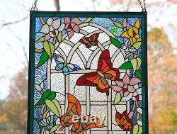 20 x 34 Handcrafted stained glass window panel Butterfly Garden Flower