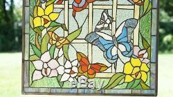 20 x 34 Handcrafted stained glass window panel Butterfly Garden Flower