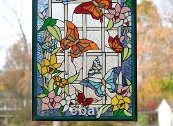 20 x 34 Handcrafted stained glass window panel Butterfly Garden Flower