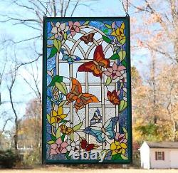 20 x 34 Handcrafted stained glass window panel Butterfly Garden Flower