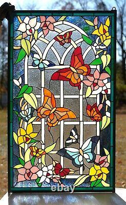 20 x 34 Handcrafted stained glass window panel Butterfly Garden Flower