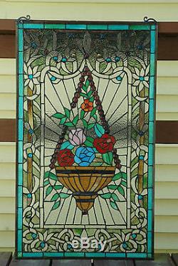 20 x 34 Large Flower basket Handcrafted stained glass Jeweled window panel