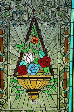 20 x 34 Large Flower basket Handcrafted stained glass Jeweled window panel