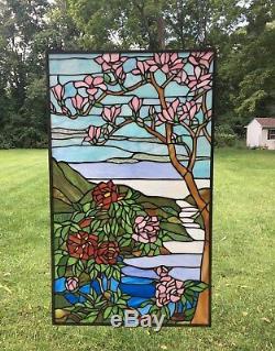 20 x 34 Large Handcrafted stained glass Jeweled window panel Cherry Blossom