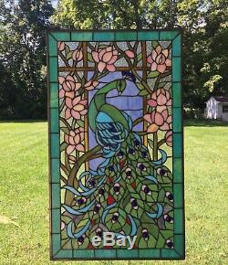 20 x 34 Large Handcrafted stained glass peacock window panel