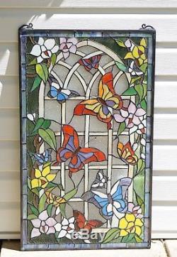 20 x 34 Large Handcrafted stained glass window panel Butterfly Garden Flower
